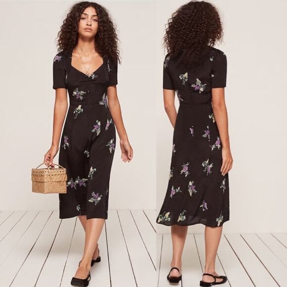 REFORMATION Esme Dress Midi Lilac Floral Print Short Sleeve Cocktail Coquette - Picture 1 of 14